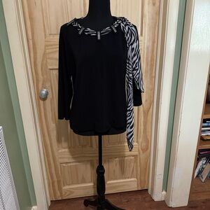 Valentina Black Blouse with Zebra Print Accent Rhinestone tab neckline